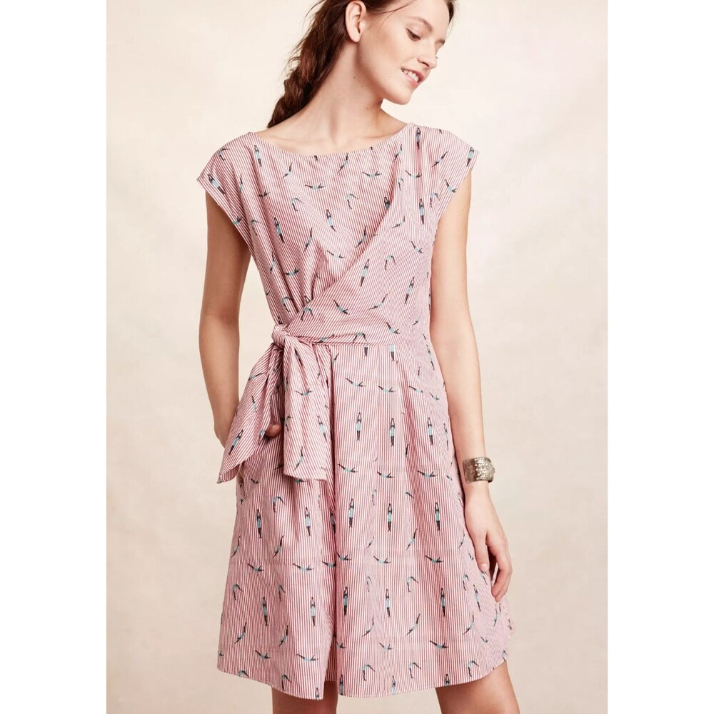 Maeve Anthropology Bathing Beauty Tie Waist Dress Red Stripe Pink Women's Size 6